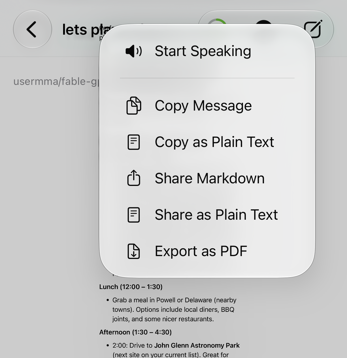 Message options menu in HollmChat