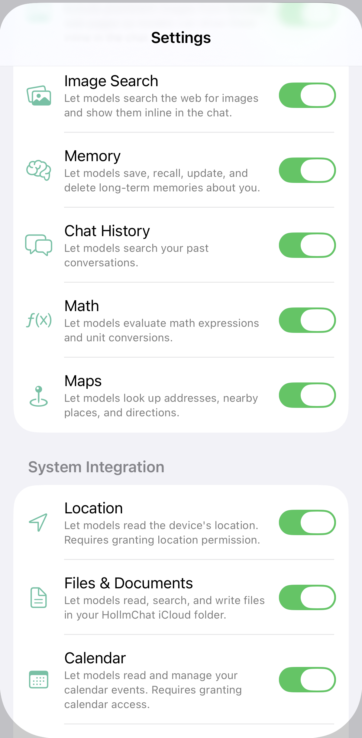 Tool toggles in HollmChat settings
